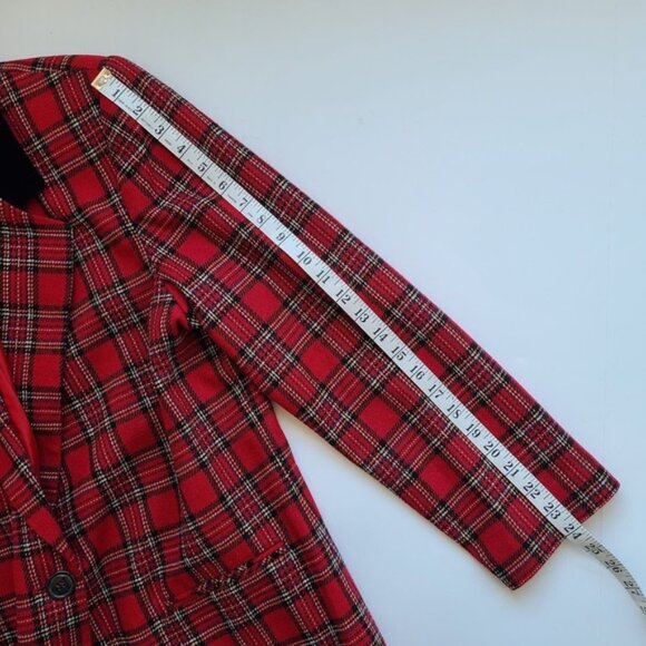 Vintage Red Plaid Blazer Tag sz 14 Velvet Collar Boyfriend 1 Button Christmas - Picture 6 of 9